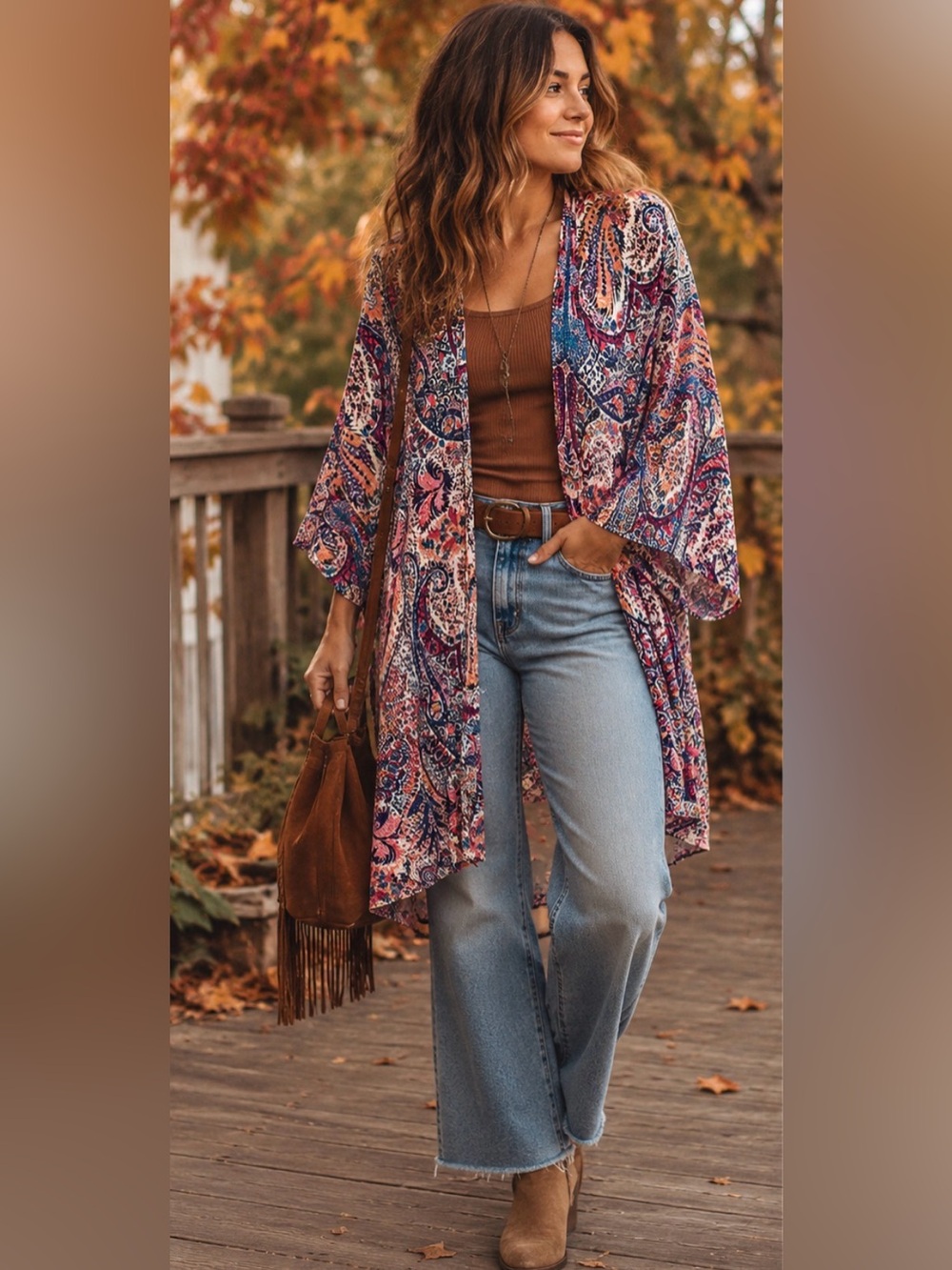 Dex Boho Paisley Kimono Cardigan in Multi-Color